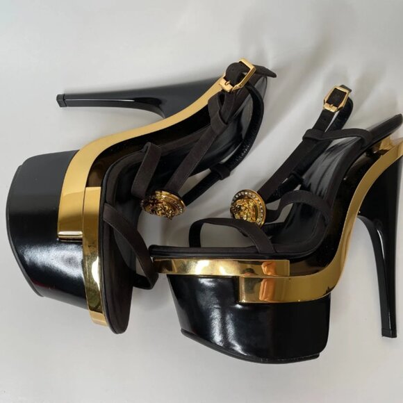 Versace Black & Gold Medusa Triple Platform Swarovski Crystals Sandals Heels - Picture 10 of 13